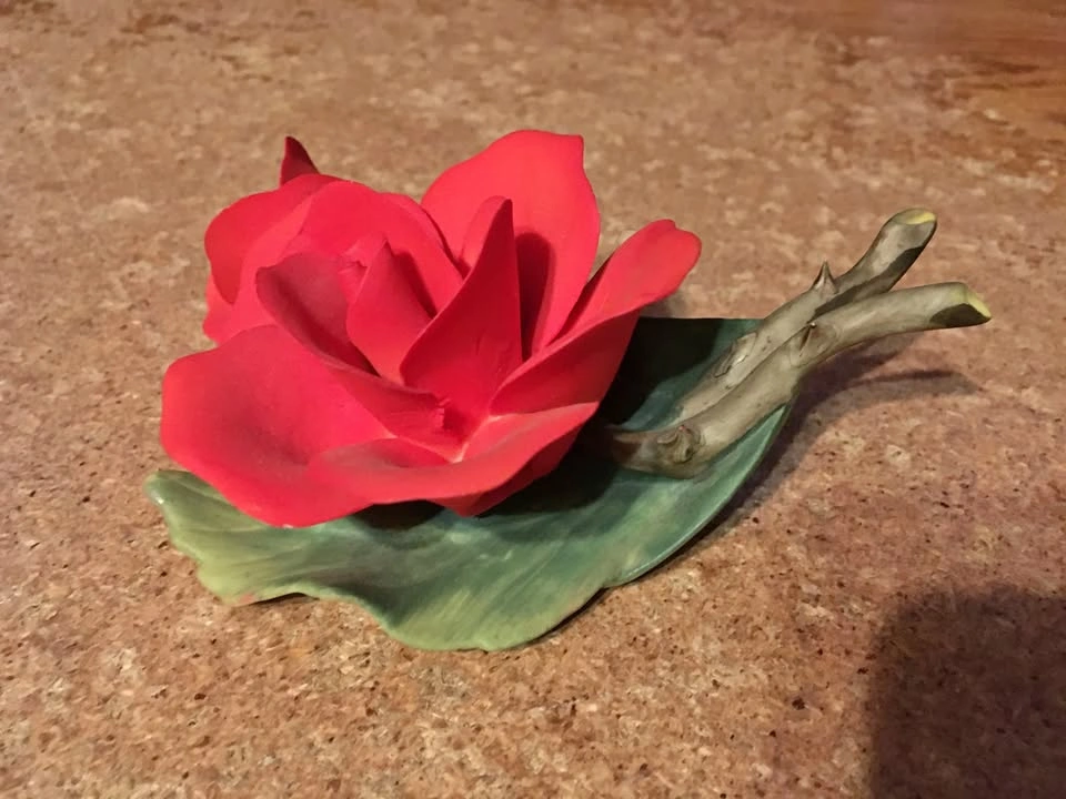 Red Stem Rose on Leaves Figurine