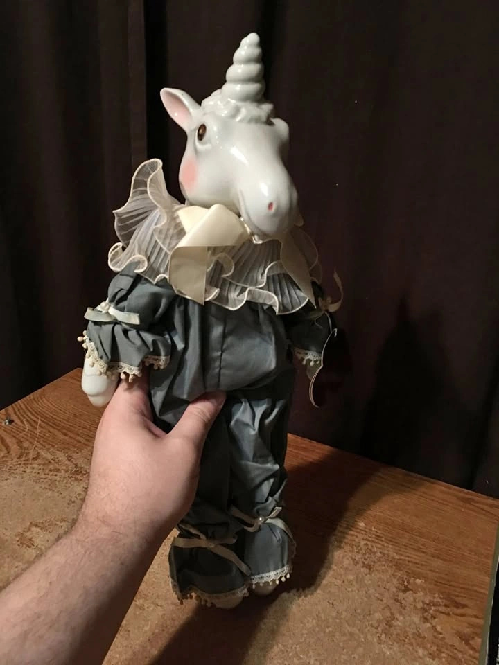 J AND J DESIGN VINTAGE PORCELAIN HARLEQUIN UNICORN DOLL 18.5"