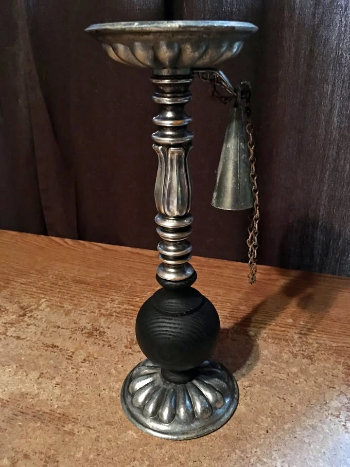 VINTAGE METAL & WOOD CANDLE HOLDER WITH ATTACHED SNUFFER