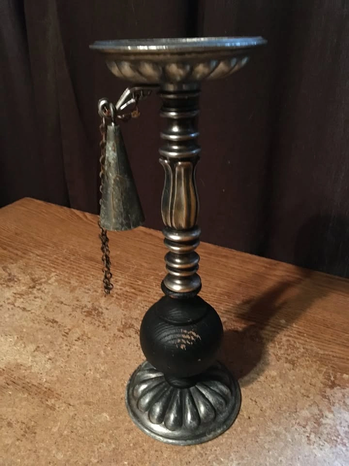 VINTAGE METAL & WOOD CANDLE HOLDER WITH ATTACHED SNUFFER - photo 2