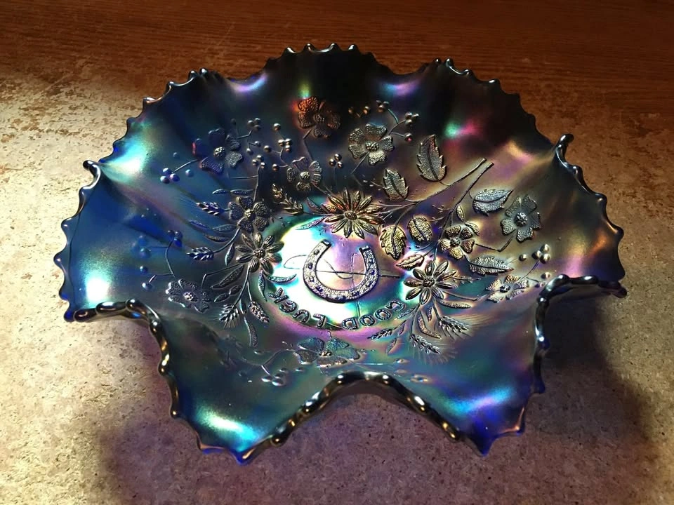 Northwood Carnival Glass Horseshoe Amethyst Ruffled Bowl