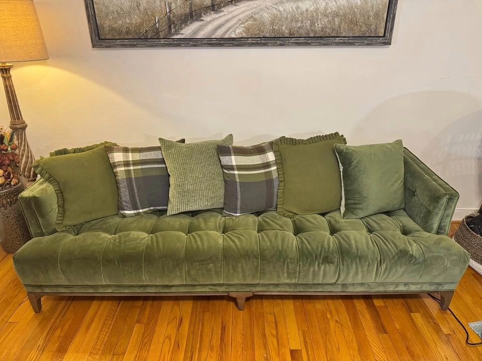 Moving sale: green velvet sofa with cushions