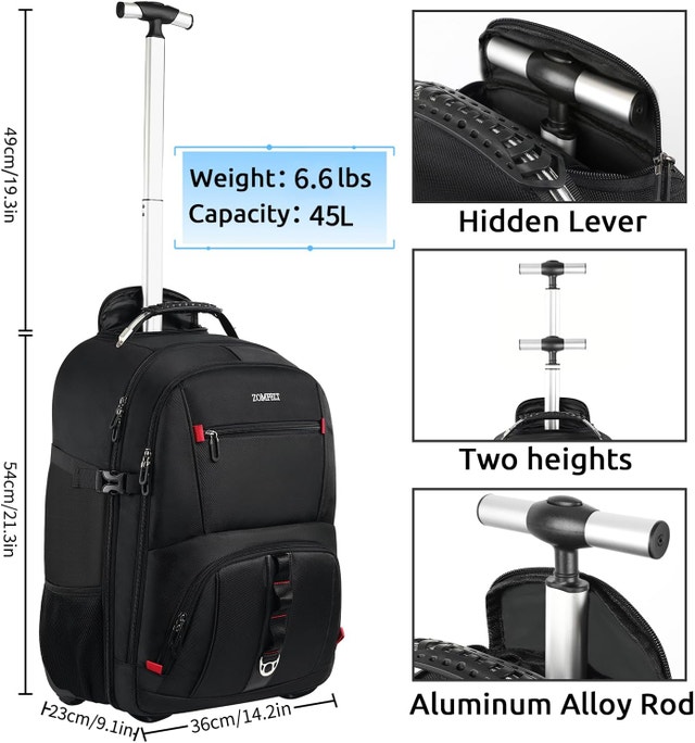 NEW Black ZOMFELT Rolling Backpack with Wheels, 17.3 Inch Laptop