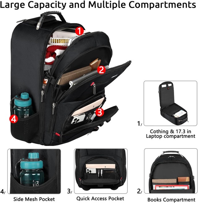 NEW Black ZOMFELT Rolling Backpack with Wheels, 17.3 Inch Laptop - photo 3