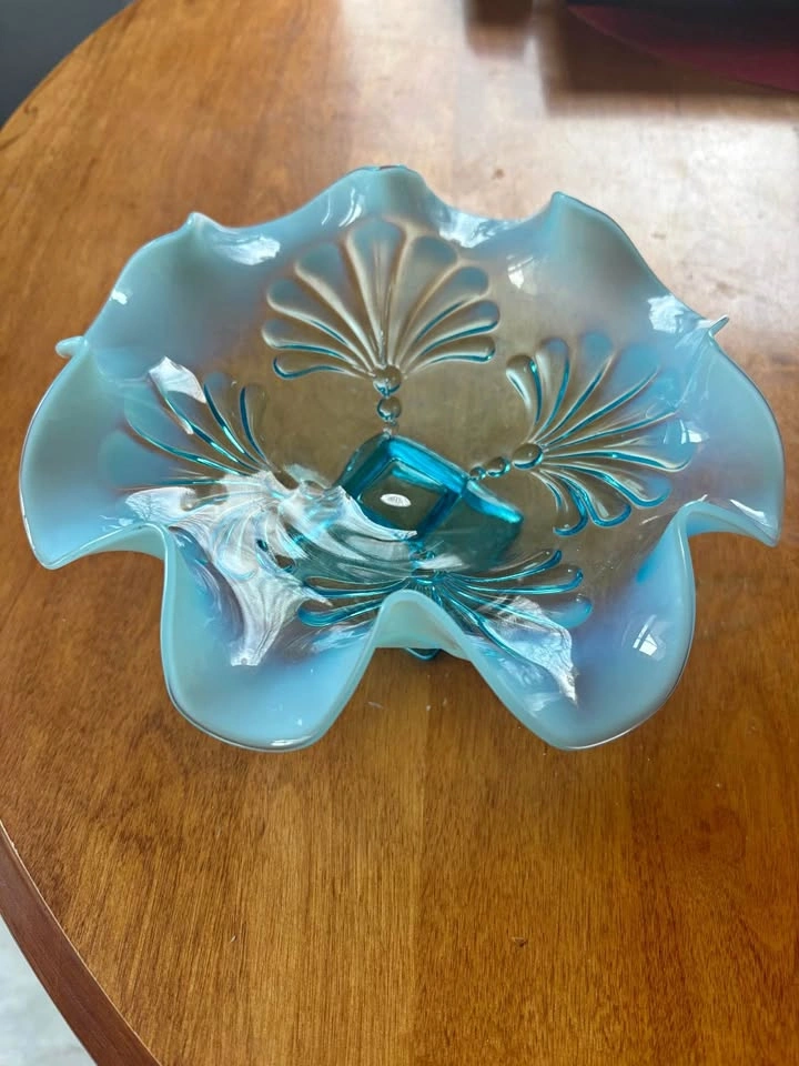 Antique Blue Jefferson Glass Candy Dish: Beaded Fans, Opalescent