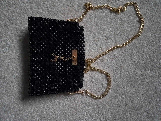 Black Beaded Bag with Gold Chain & Deer Charm