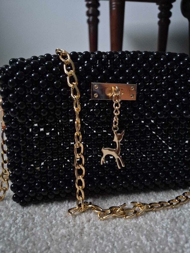 Black Beaded Bag with Gold Chain & Deer Charm - photo 3