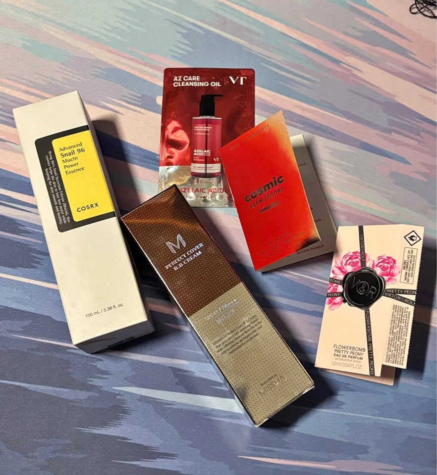 Assortment of beauty products and samples
