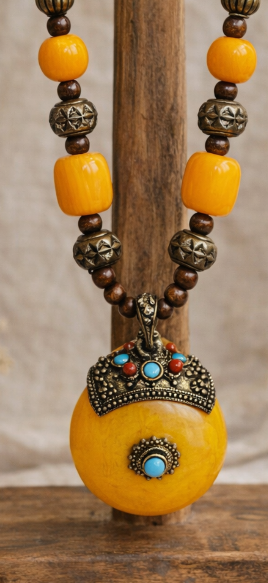 Vintage Boho Statement Necklace Faux Amber Pendant