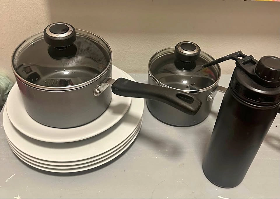 Ikea service plates, Avolon pans, adidas water bottle