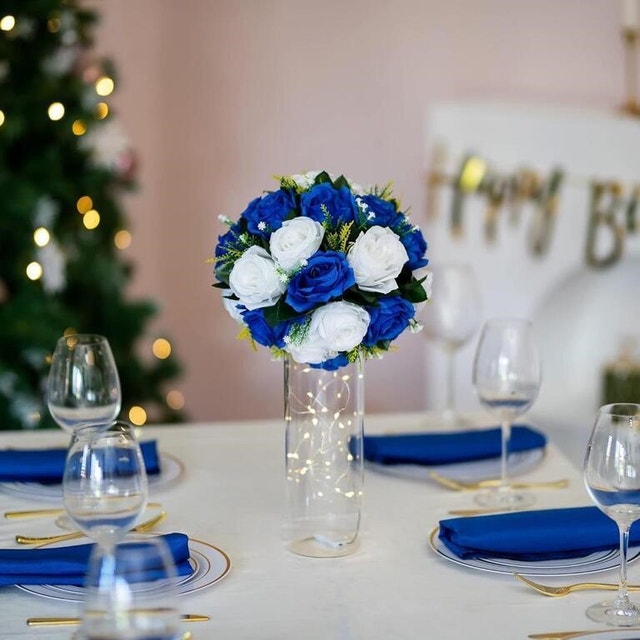 NEW 10 Pcs Fake Flowers Royal Blue & White Kissing Balls Decor - photo 3