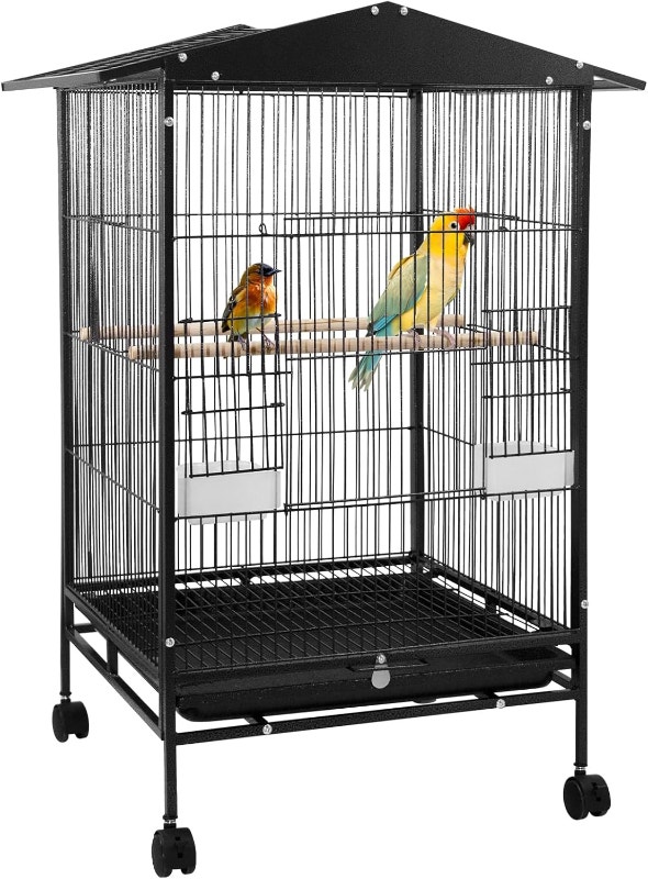 RUN.SE 30-Inch Black Wrought Iron Birdcage Standing Flight Bird