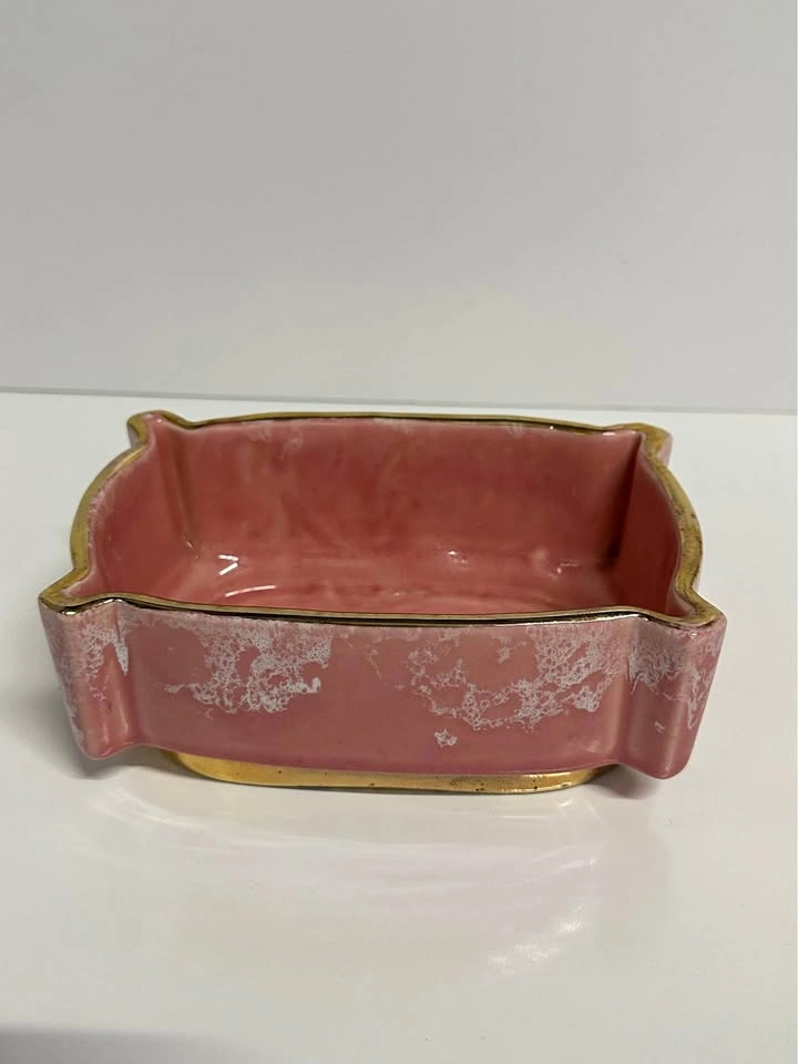Vintage Pink Ceramic Dish with Gold Trim 22K Gold Decorative Bow