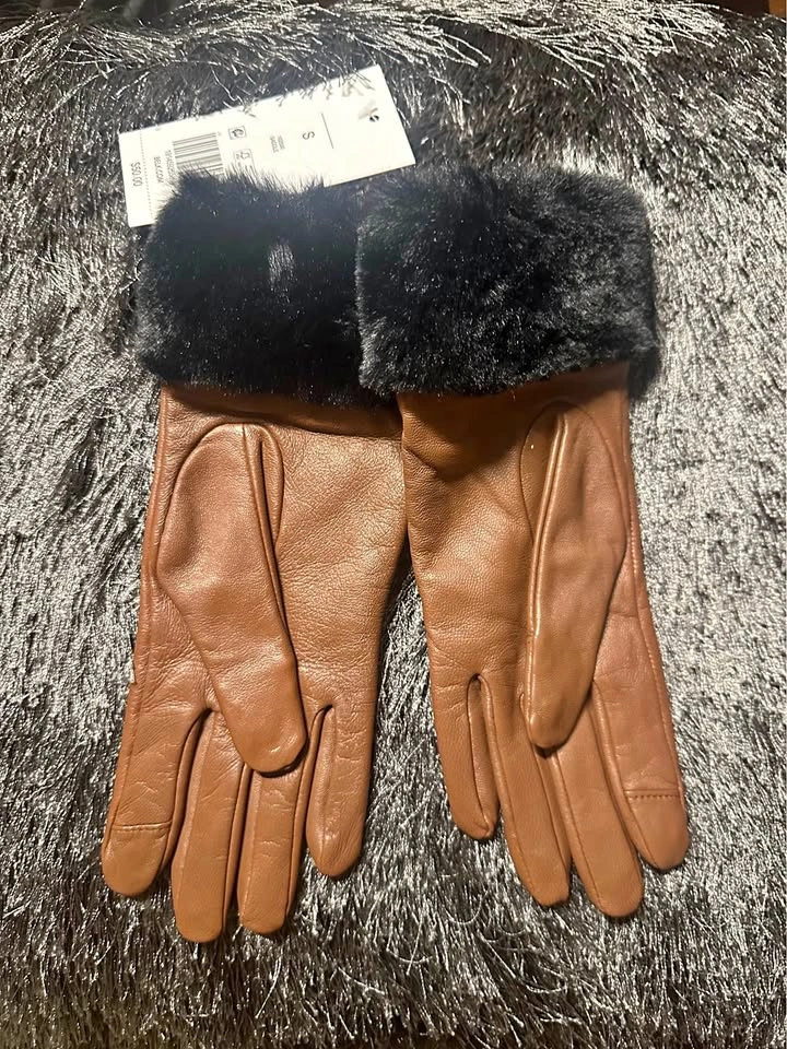 Genuine Leather Fur Trim Brown Gloves - New, Size S