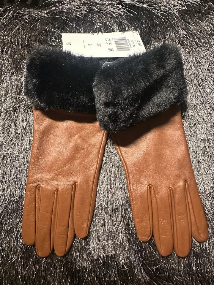 Genuine Leather Fur Trim Brown Gloves - New, Size S - photo 2