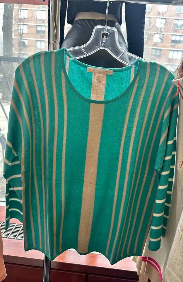 Brand New BELFORD Deep Aqua Beige Striped Silk Blend Knit Top, S