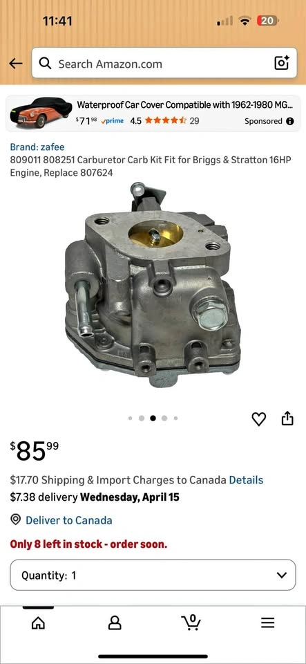 Briggs & Stratton Carburetor for 16HP Engines - Brand New
