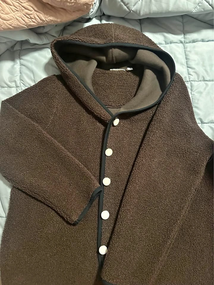 Brown Hooded Fleece Jacket with Snaps