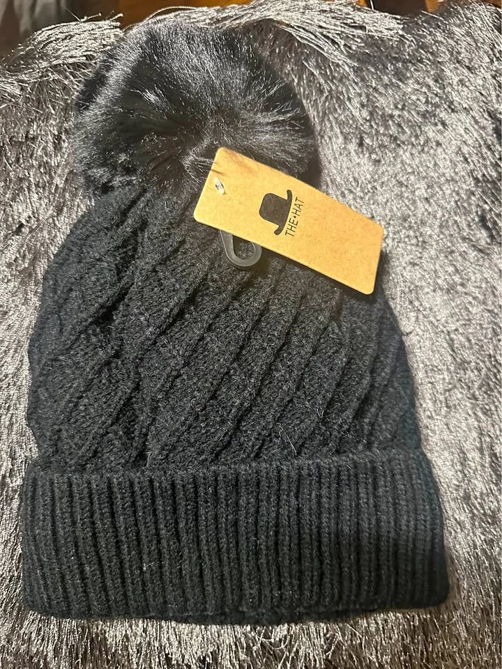 Brand new black knit beanie with warm soft lining hat