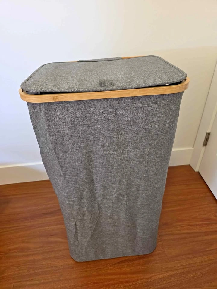 Laundry Hamper with Lid (Fabric + Wood Frame) – $15