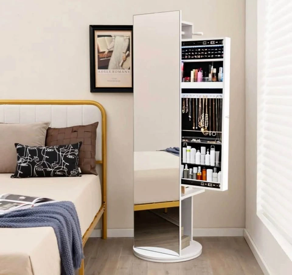 Costway 360 Swivel Jewelry Cabinet Armoire w/ Mirror & Coat Rack