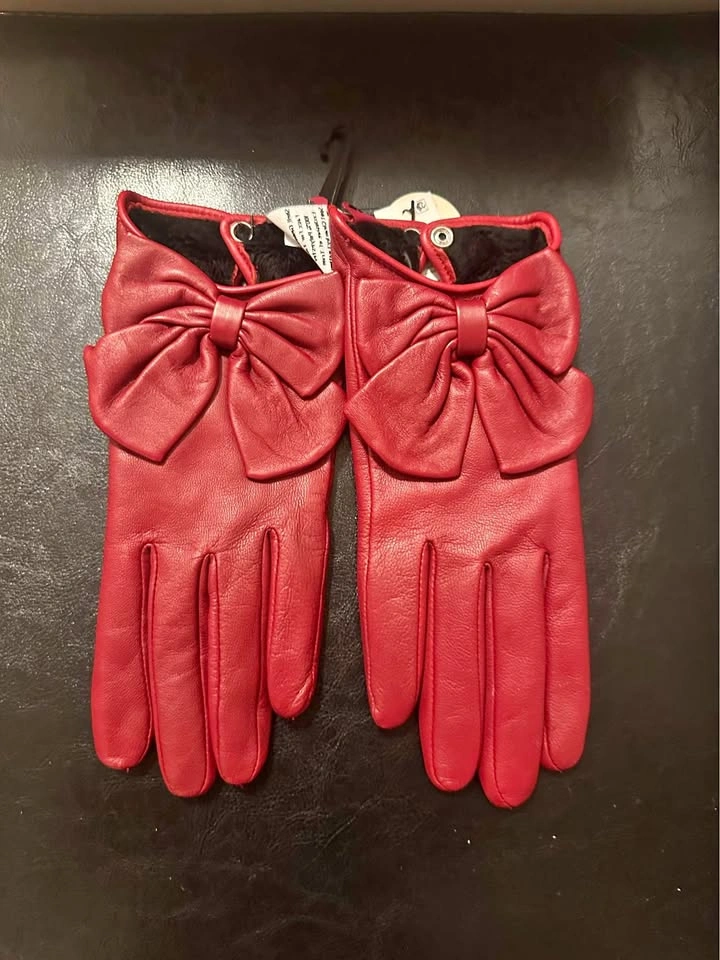 Aqua Maroon Red Leather Gloves with Bow - Size S