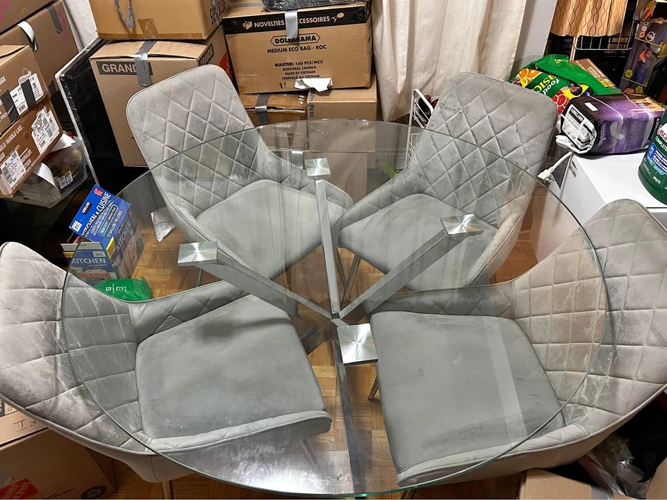 Round Glass Dining Table Set – 47” with 4 Velvet Chairs