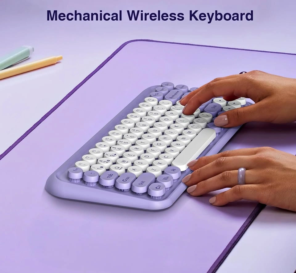 Purple White Mechanical Wireless Keyboard Retro Round Keycaps