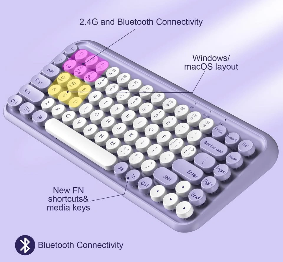 Purple White Mechanical Wireless Keyboard Retro Round Keycaps - photo 2