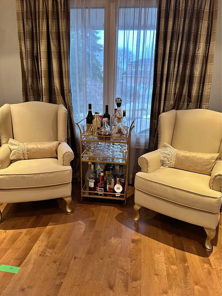 Elegant Pair of Wingback Chairs – Neutral Cream/Gold