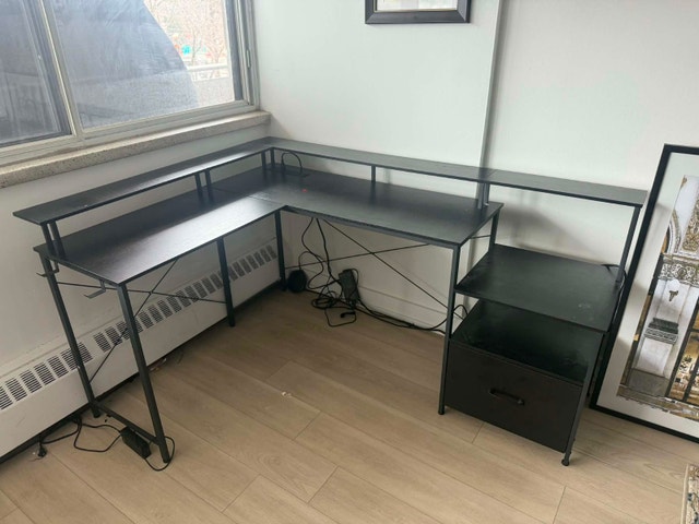 L-Shaped Desk with Monitor Shelf & Drawer