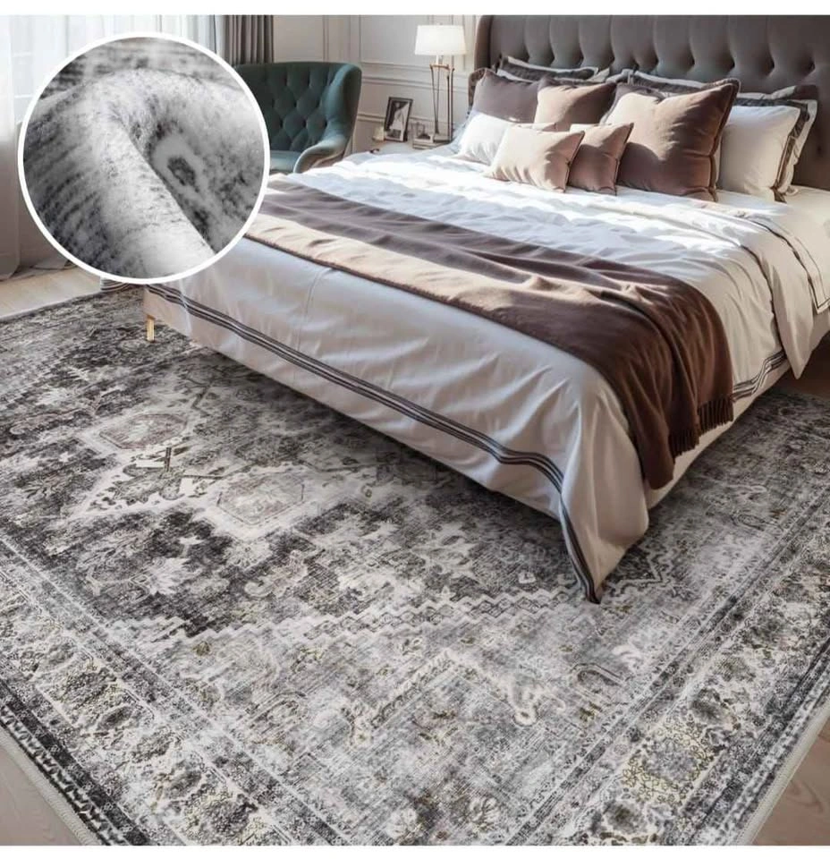 Brand New 8x10 Grey Area Rug - Machine Washable Vintage Floral - photo 2