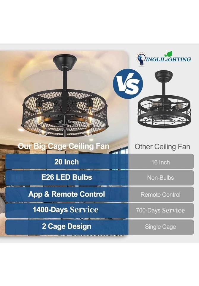 Dinglilighting DLLT Caged Ceiling Fan with Lights - 20" - photo 4