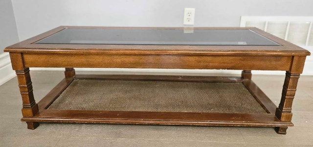 Vintage Wood Coffee Table w/ Glass Top & Woven Shelf