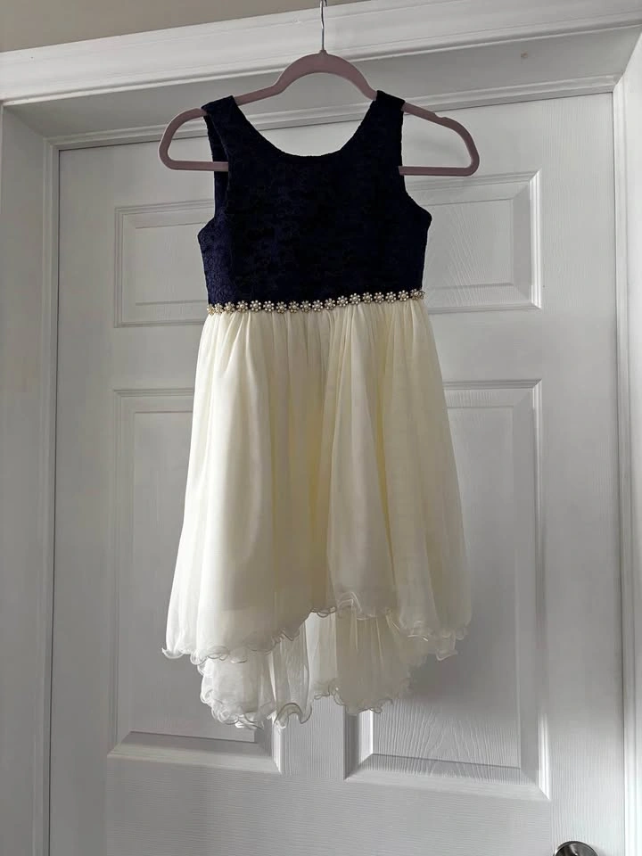 Girls American Princess Sz 8 formal dress, navy and cream, jewel