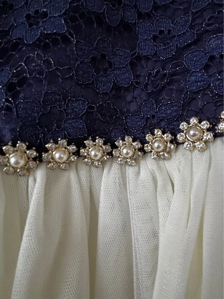 Girls American Princess Sz 8 formal dress, navy and cream, jewel - photo 3