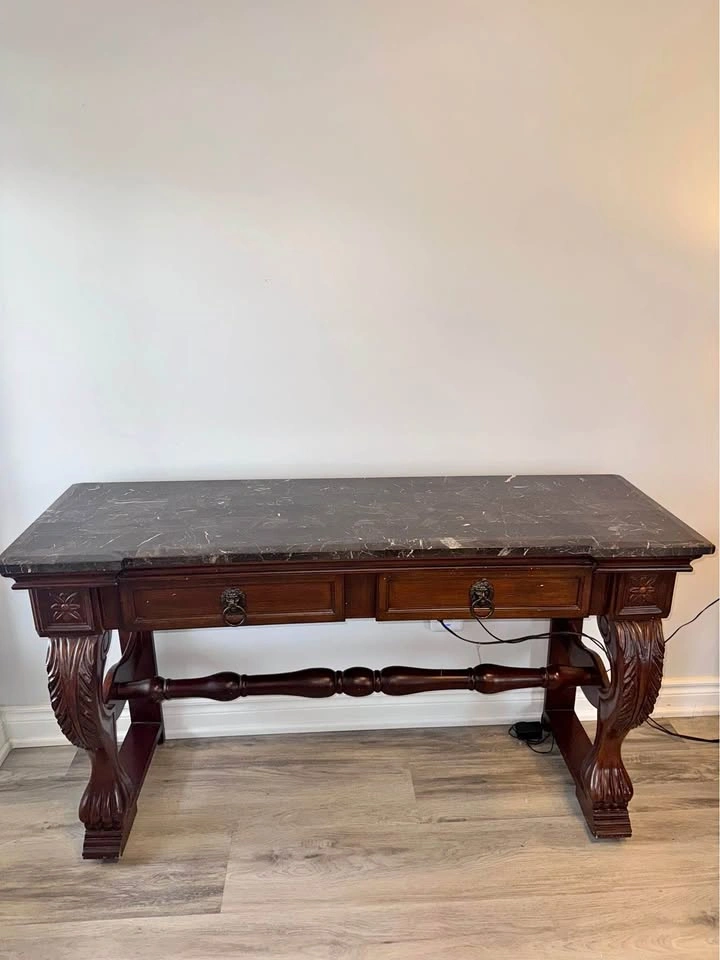 Antique wooden front table or desk (granite top)