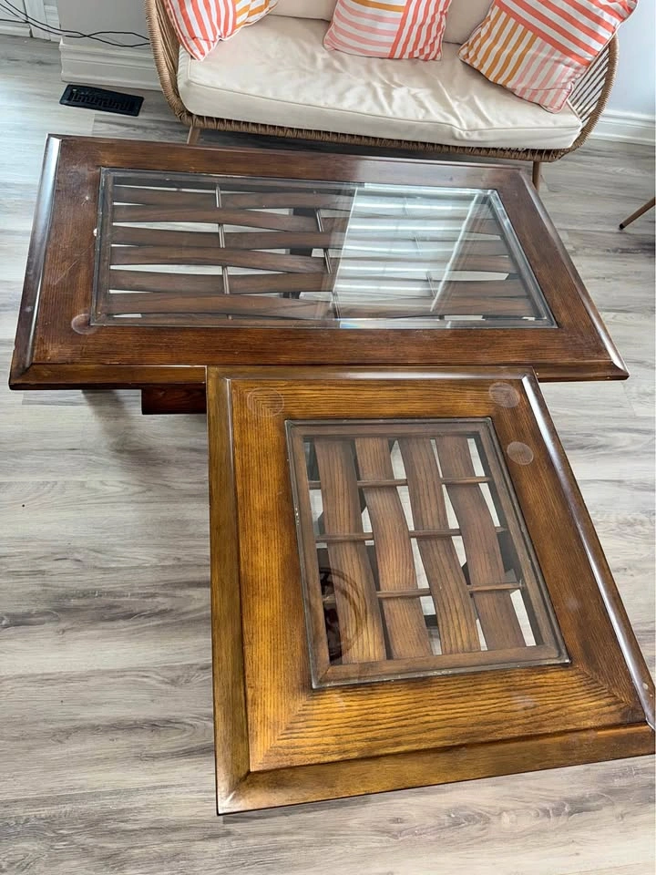 Wooden Glass Coffee Table + Side Table