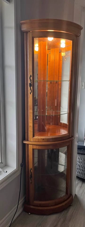 Corner display cabinet with lights and glass shelves