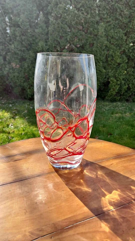 Clear glass vase with red design 14.25" height