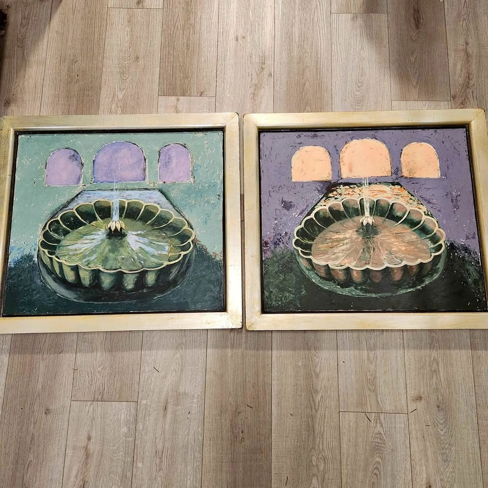 Lorie Schackmann Original Pair Fountain Dawn & Dusk 2002 Oil Wax