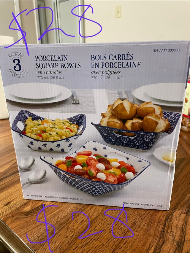 Brand new, never used 3 porcelain square bowls