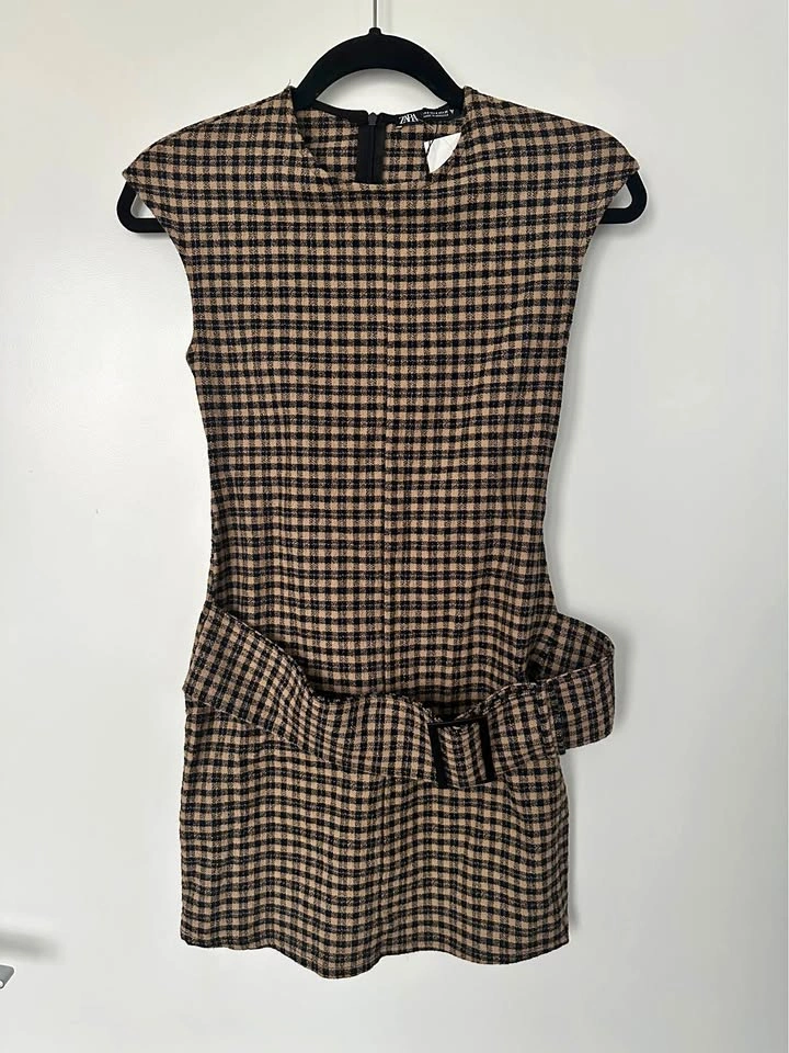 Zara Black Tan Plaid Belted Mini Dress S