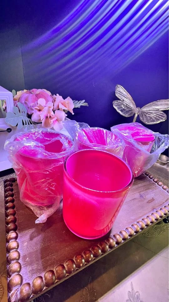 Set of 4 Hot Pink Glass Votive Candle Holder Jar