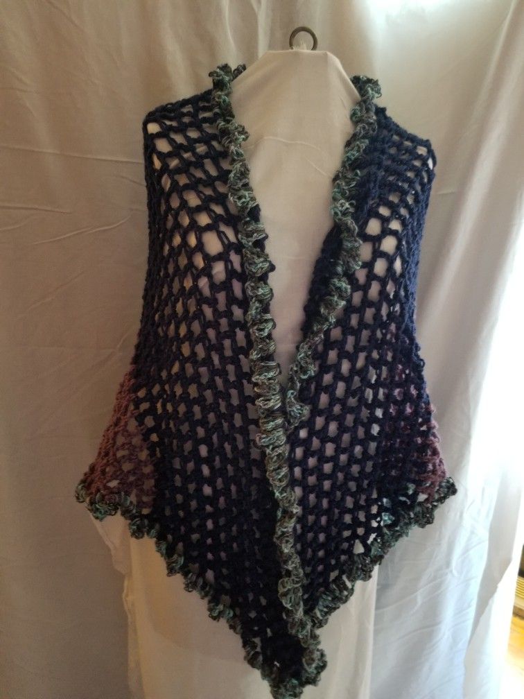 Green Blue Mauve Handmade Crocheted Shawl Wrap Scarf