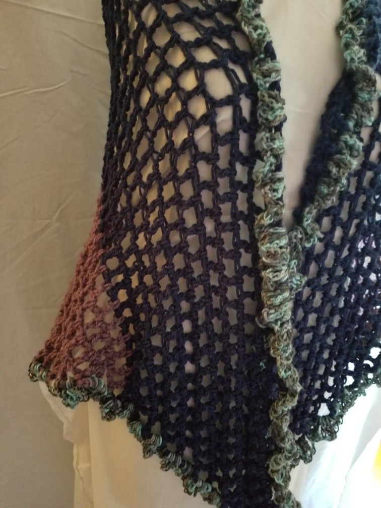 Green Blue Mauve Handmade Crocheted Shawl Wrap Scarf - photo 2