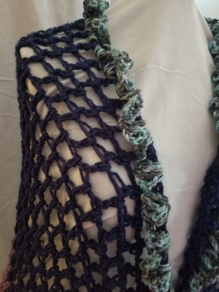 Green Blue Mauve Handmade Crocheted Shawl Wrap Scarf - photo 3