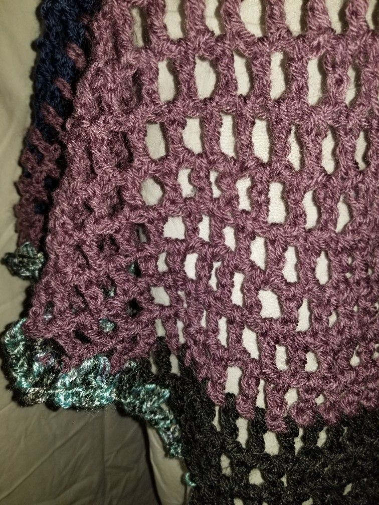 Green Blue Mauve Handmade Crocheted Shawl Wrap Scarf - photo 5