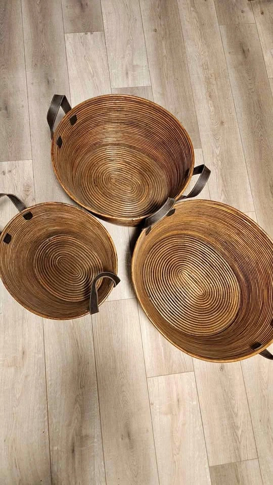 Set of 3 Oval Bohemian Woven Baskets with Handles