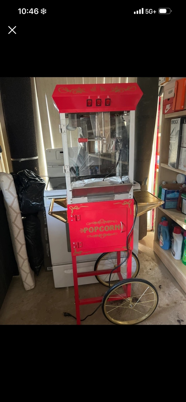 Red Popcorn Machine with Wheeled Cart